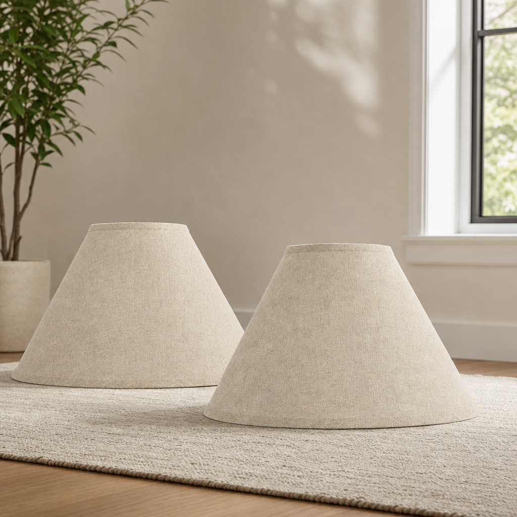 Empire Lamp Shade Set of 2, Cotton-Blend Burlap Look, 6" x 17" x 11.5" centered in a warm neutral furnished room