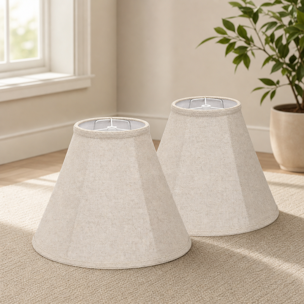 Bell Lampshade Set of 2 — Linen-Blend Bell Shades, 6in top x 13in bottom x 10in hi centered in a warm neutral furnished room