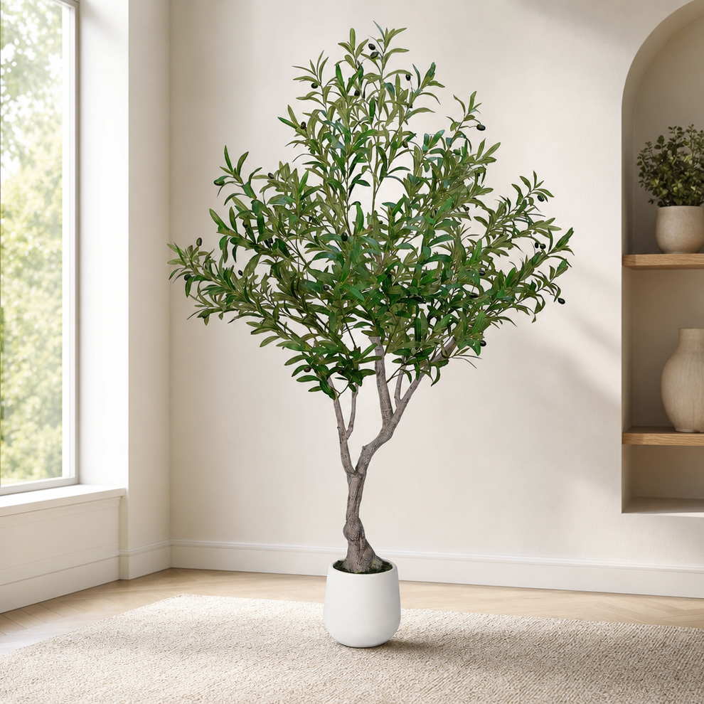 6 Ft Artificial Olive Tree with White Planter, Silk Leaves & Faux Olives centered in a warm neutral furnished room