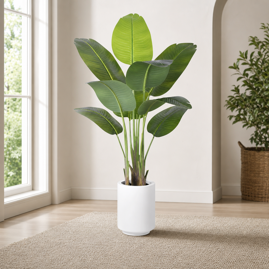 Artificial Tree, Bird of Paradise, Palm Tree or Olive Tree, Multiple Heights centered in a warm neutral furnished room