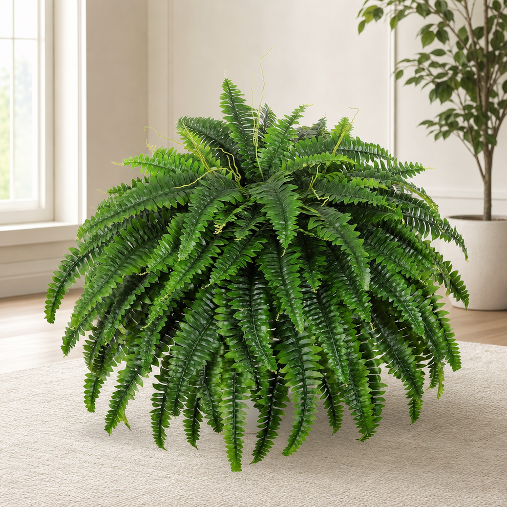 Artificial Boston Fern Bush, Large — 49-inch Spread, 95 Branches centered in a warm neutral furnished room