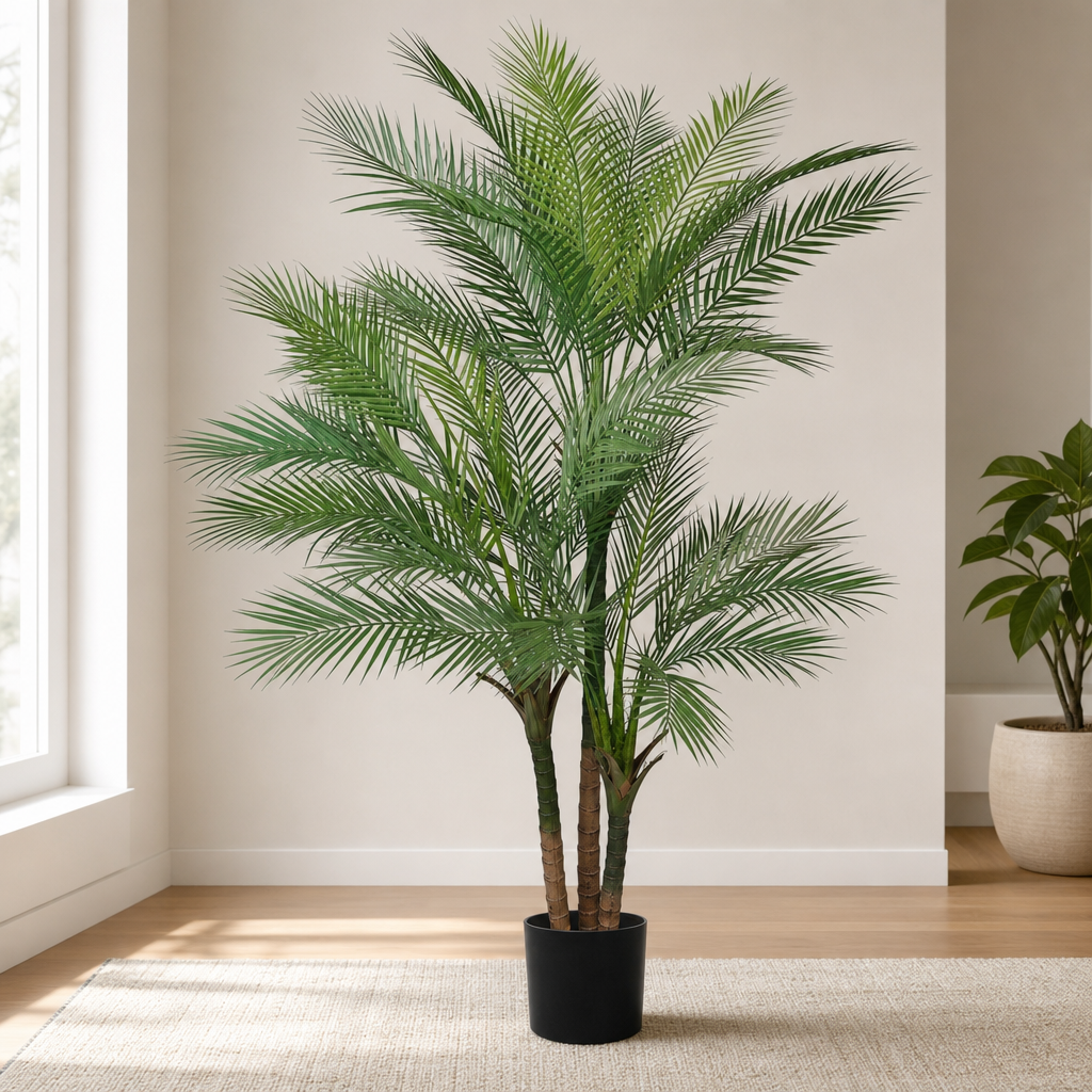 Vitalismo 6ft Artificial Golden Cane Palm Tree with 33 Adjustable PE Leaves centered in a warm neutral furnished room