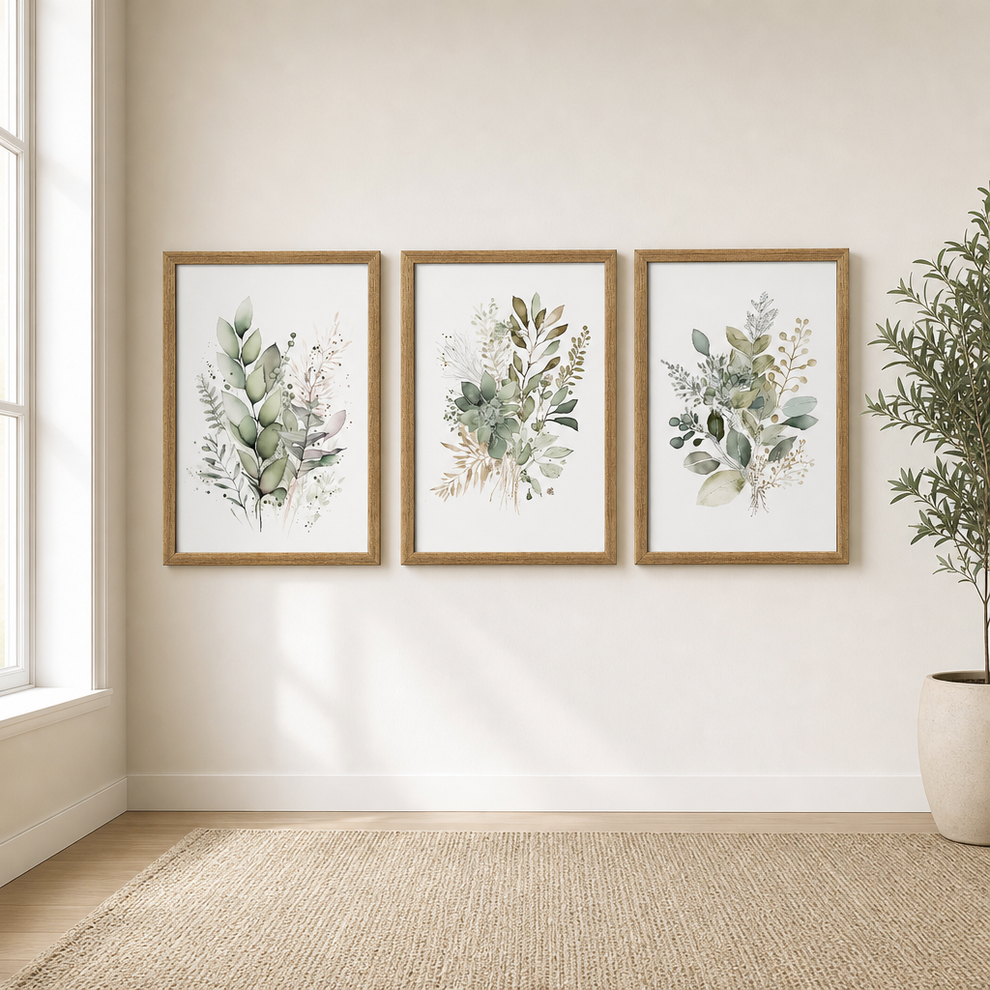 Framed Canvas Wall Art Set, 3-Piece — Sage Green Botanical on Natural Wood Frames centered in a warm neutral furnished room