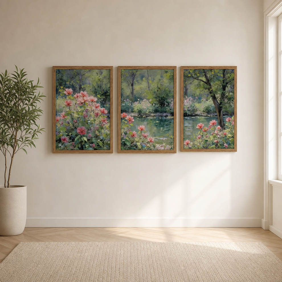 Set of three wood-framed floral landscape canvases hung on a light wall above a rug and potted plant.