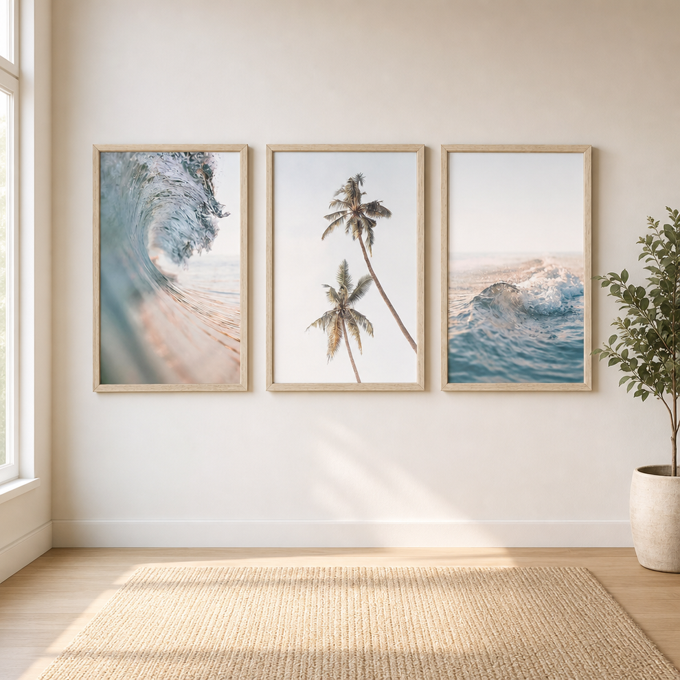 Beach-Themed Canvas Wall Art — Multiple Sizes, Framed or Unframed centered in a warm neutral furnished room