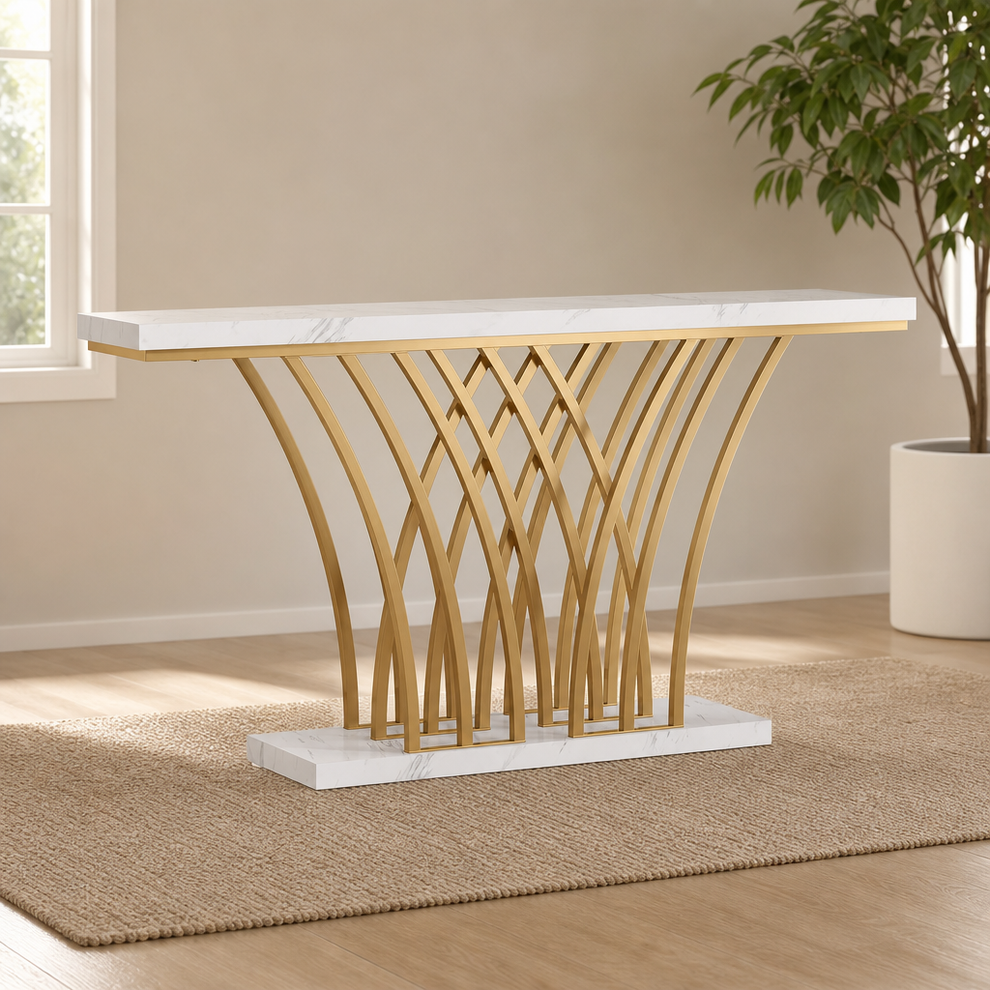 59 in White Faux Marble Console Table with Gold Geometric Metal Base centered in a warm neutral furnished room