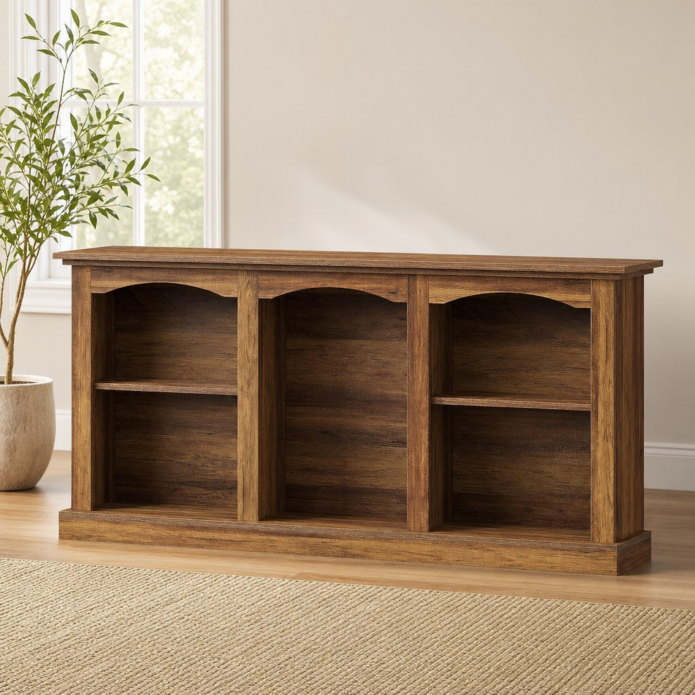 63" Arched Console Table with Storage, Rustic Brown centered in a warm neutral furnished room