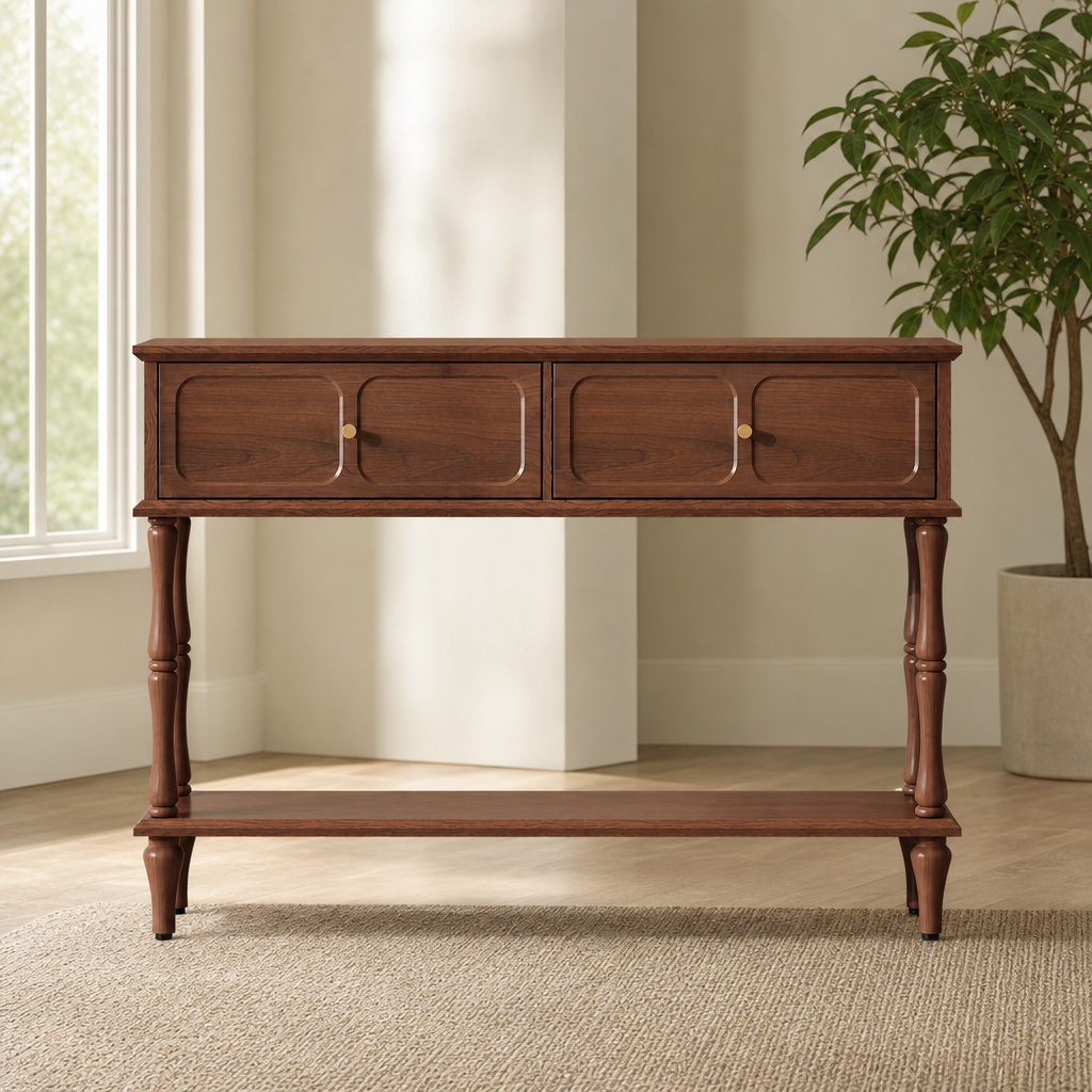 Mid-Century Console Table, 47" Wide, 2 Drawers & Open Shelf, Brown centered in a warm neutral furnished room