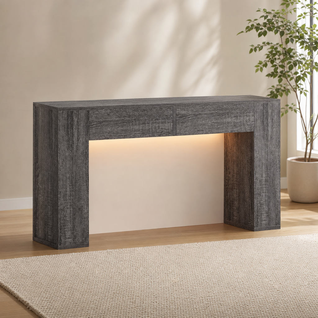 Console Table with Hand-Controlled LED Light and 2 Drawers, 55-inch Grey MDF centered in a warm neutral furnished room