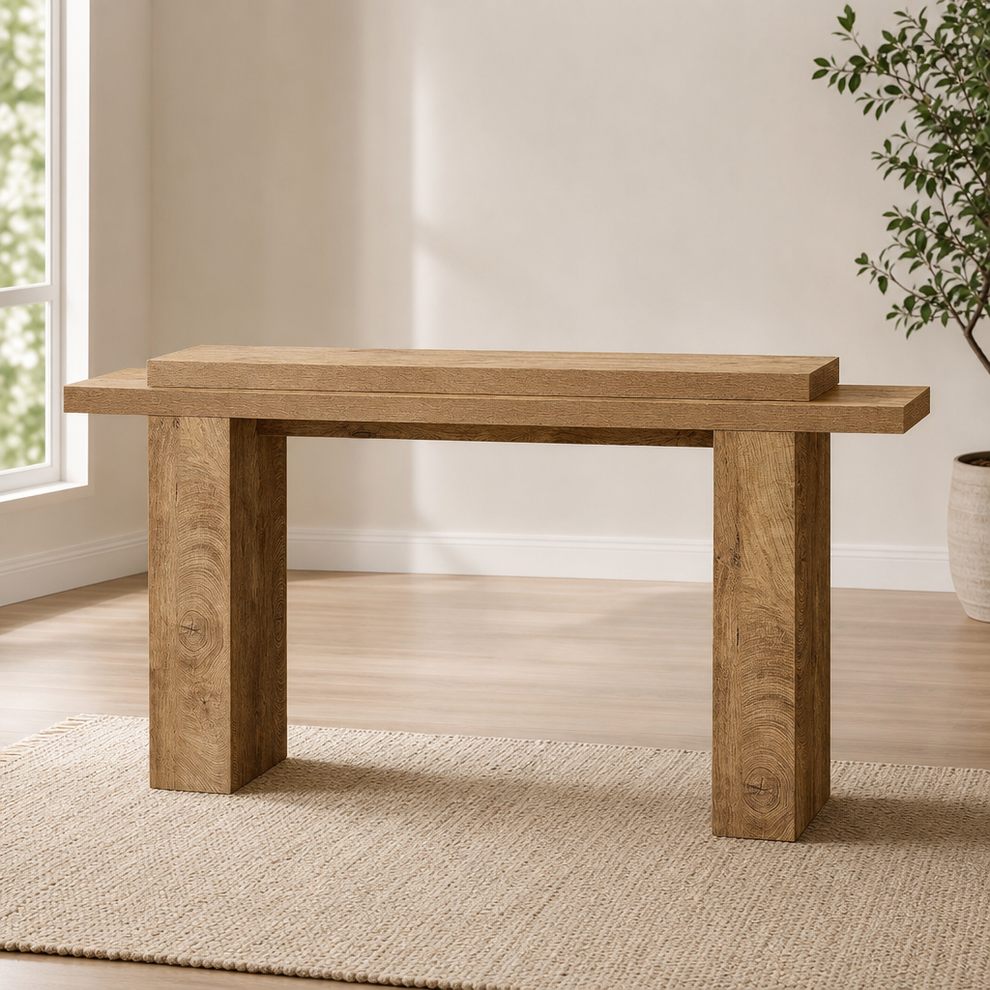 Console Table 63" Modern Geometric Two-Tier MDF Console, Light Tree Knot centered in a warm neutral furnished room