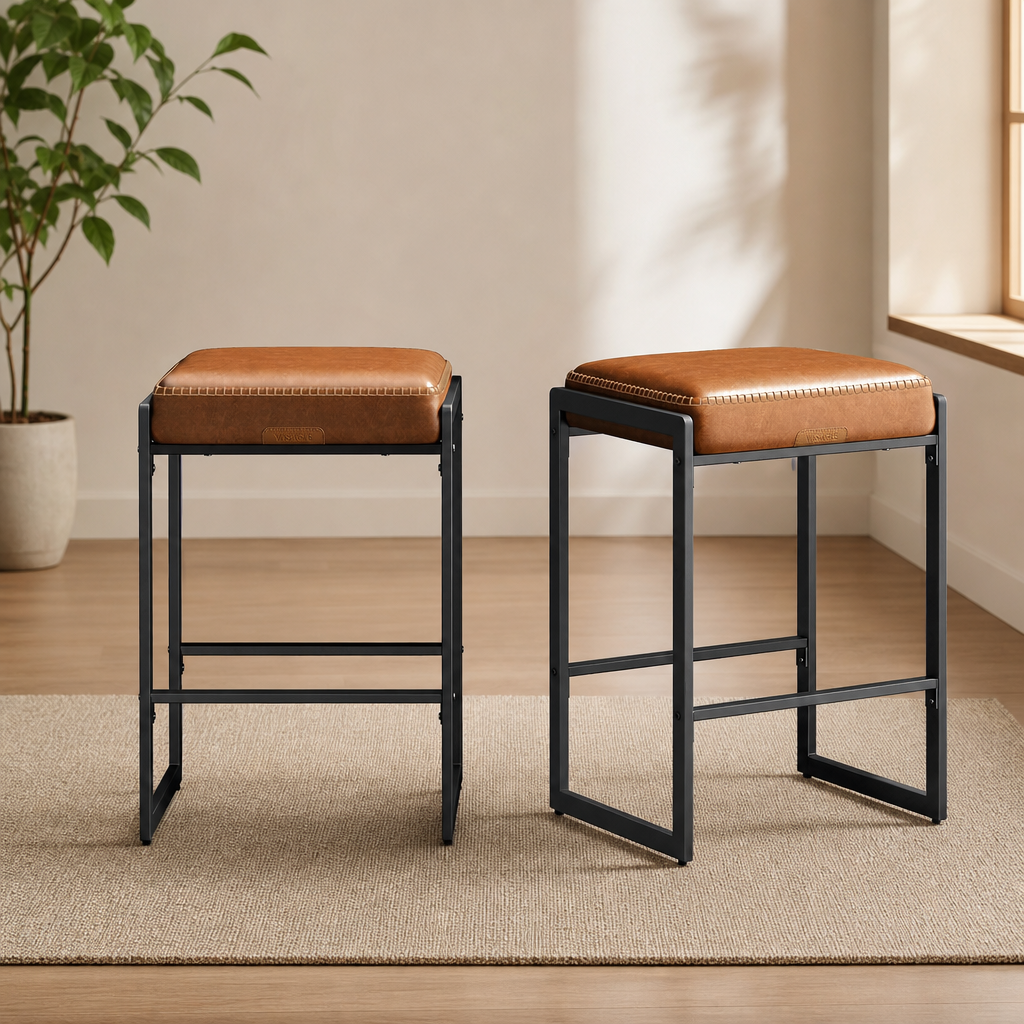 Bar Stool Set of 2, Counter Height 26 in, PU Leather Cushion centered in a warm neutral furnished room