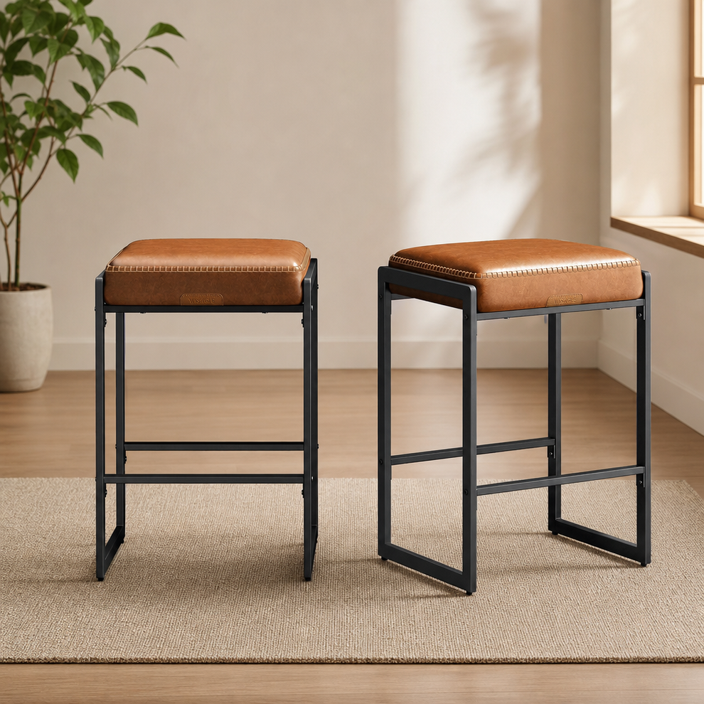 Bar Stool Set of 2, Counter Height 26 in, PU Leather Cushion centered in a warm neutral furnished room