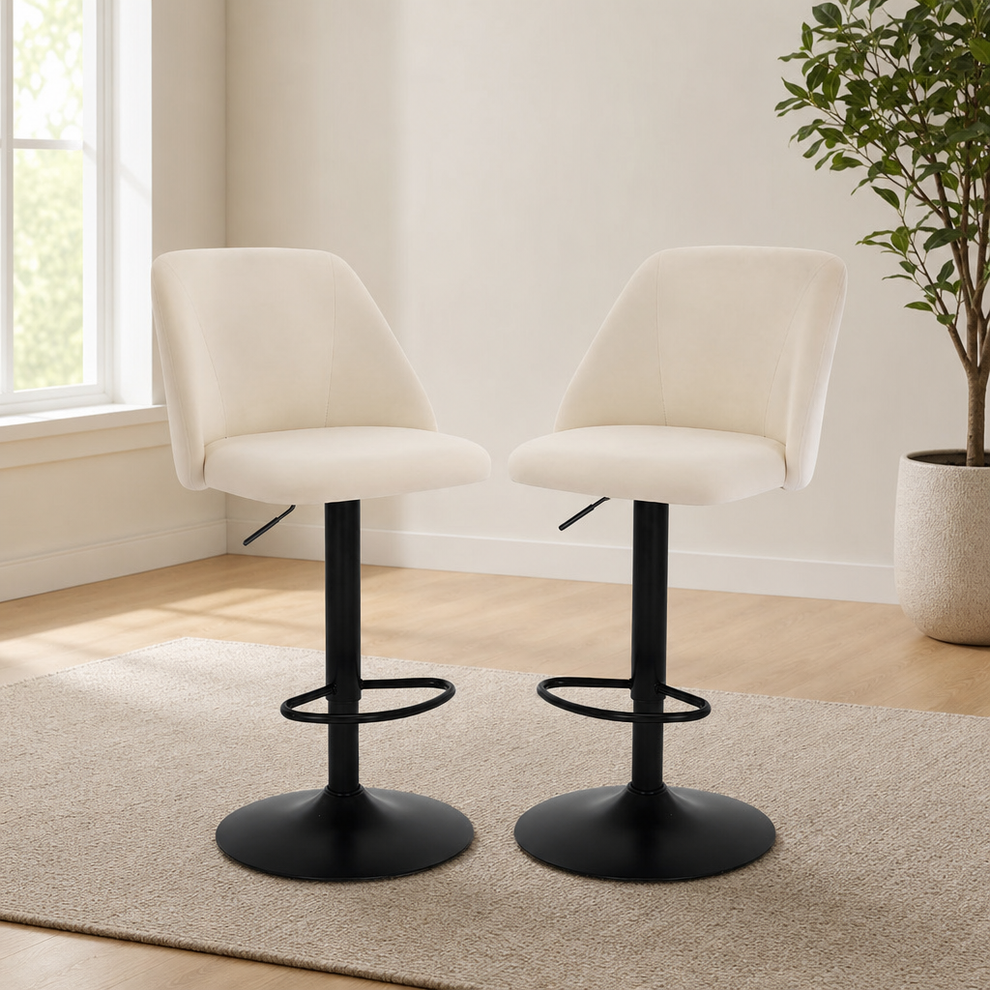 Set of 2 Fabric Swivel Bar Stools, Adjustable Counter-Height with Full Back centered in a warm neutral furnished room