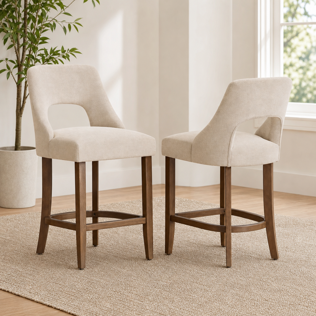 UVV Bar Stools Set of 2, Upholstered Counter Height Bar Stools, Modern Counter Sto centered in a warm neutral furnished room