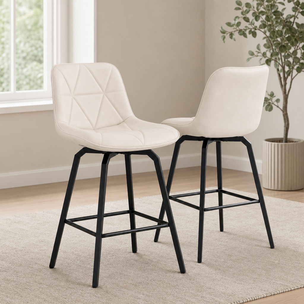 ClinQ 26" Faux Leather 360° Swivel Counter Stools, Sets of 2, 3 or 4 centered in a warm neutral furnished room