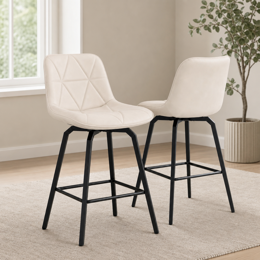 ClinQ 26" Faux Leather 360° Swivel Counter Stools, Sets of 2, 3 or 4 centered in a warm neutral furnished room