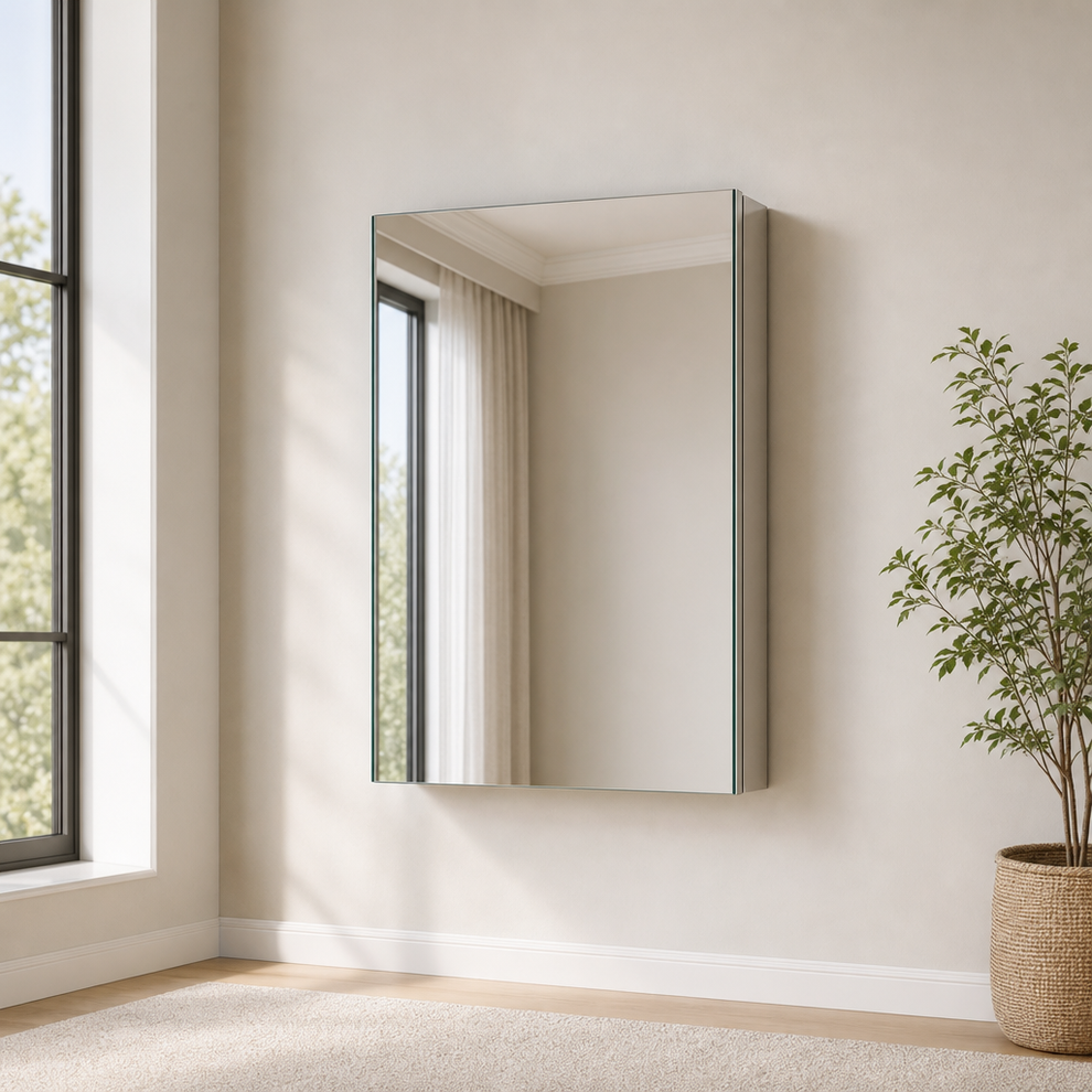 Full-mirror medicine cabinet mounted on a beige wall angled front-left view showing slim aluminum frame