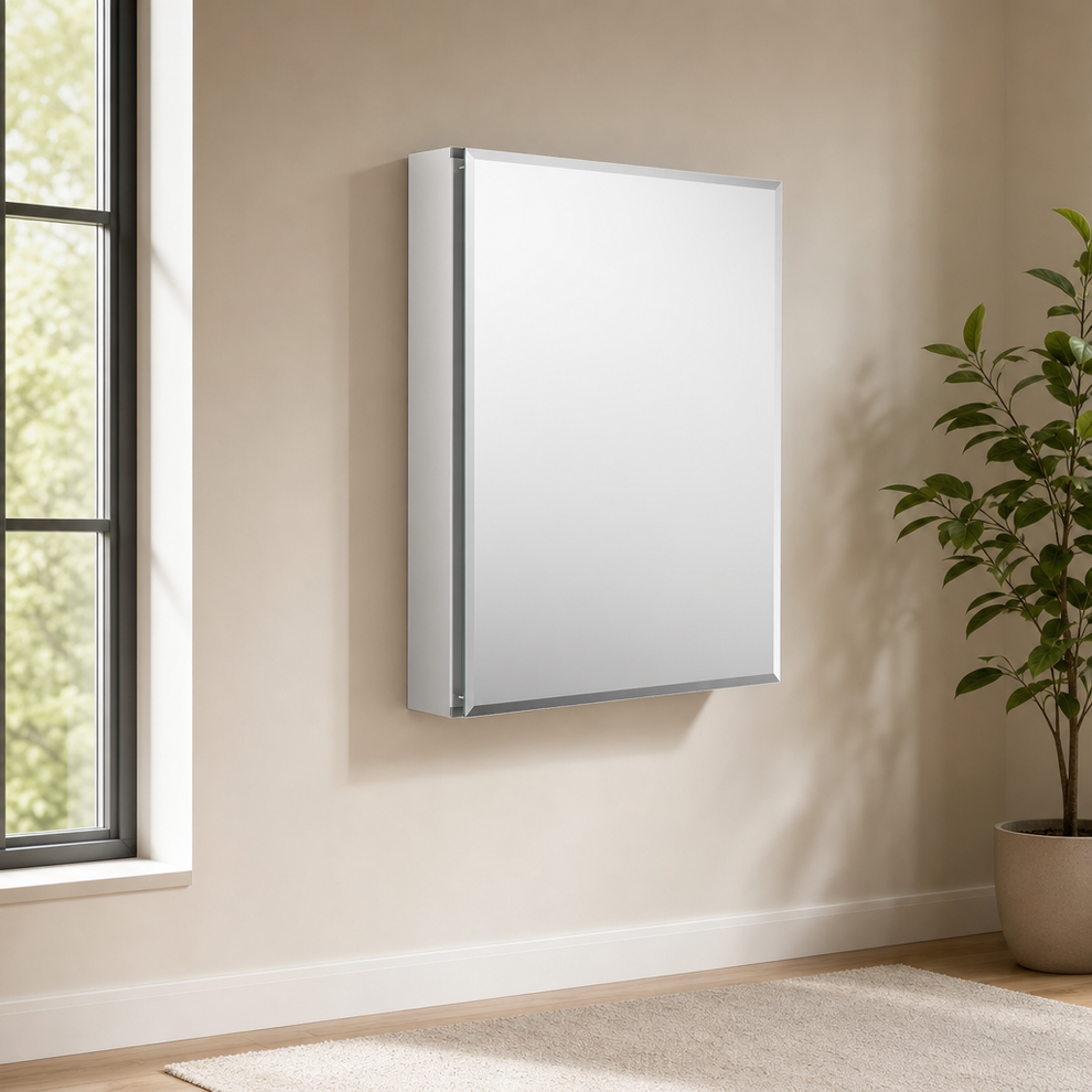 Frameless mirrored medicine cabinet mounted on a beige wall, angled front-left view showing full-overlay door.