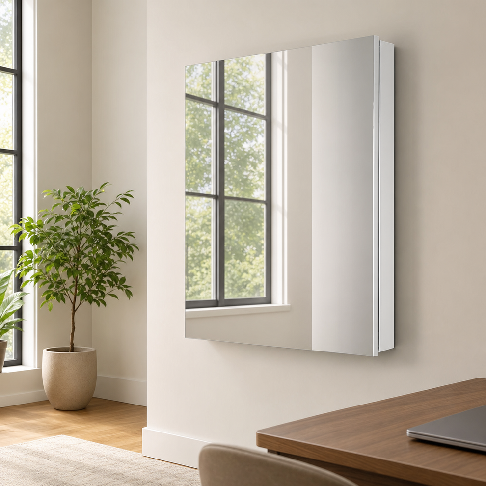 36x24 Aluminum Mirrored Medicine Cabinet — Recessed or Surface Mount centered in a warm neutral furnished room