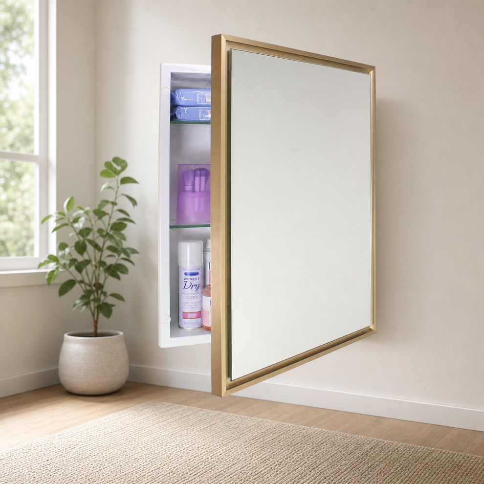Recessed Medicine Cabinet 16x20 Aluminum Frame with Mirror, Gold centered in a warm neutral furnished room