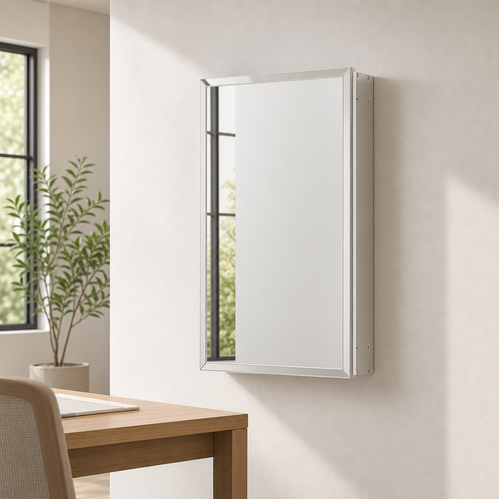Medicine Cabinet 14 x 24 in Silver Beveled Mirror Aluminum Recessed or Surface Mou centered in a warm neutral furnished room