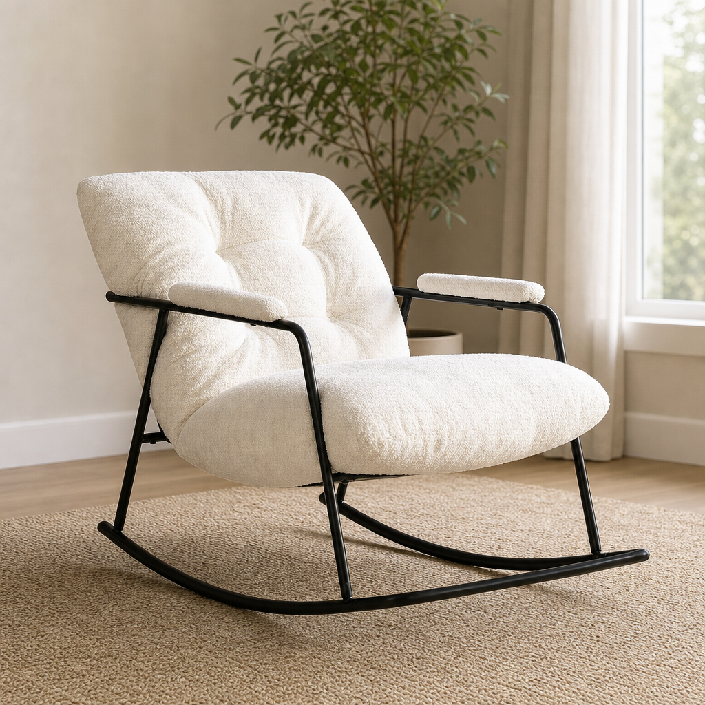 Ivory Boucle Upholstered Nursery Rocking Chair with Padded Armrests centered in a warm neutral furnished room
