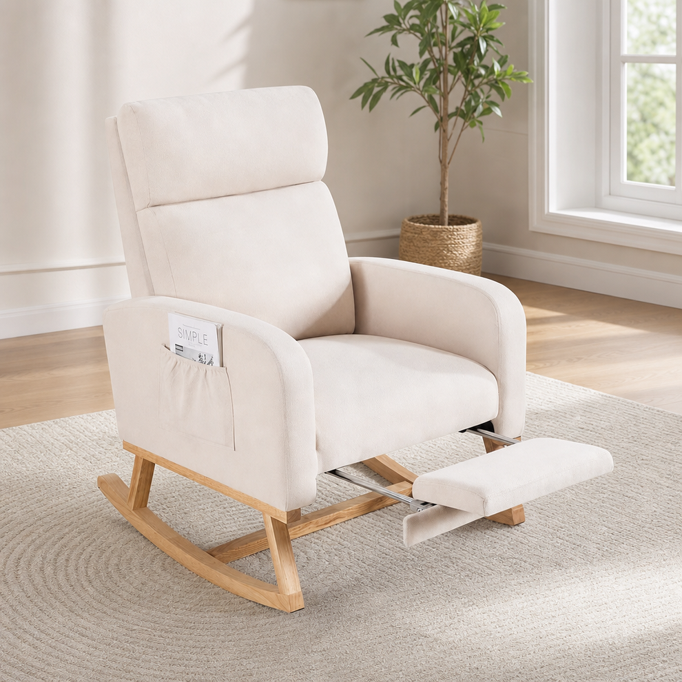 Upholstered Nursery Rocking Chair with Retractable Footrest and Side Pocket centered in a warm neutral furnished room