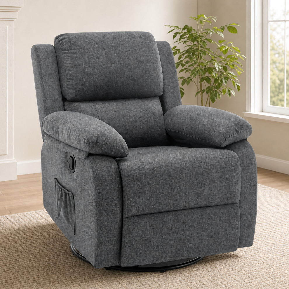 Korser Fabric 360° Swivel Rocker Recliner Chair centered in a warm neutral furnished room