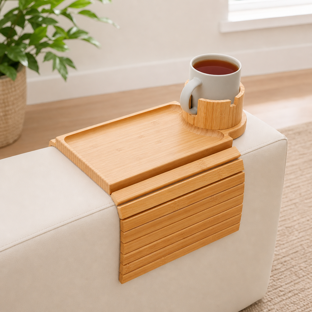 Bamboo Couch Arm Tray with 3.62in Rotating Cup Holder centered in a warm neutral furnished room