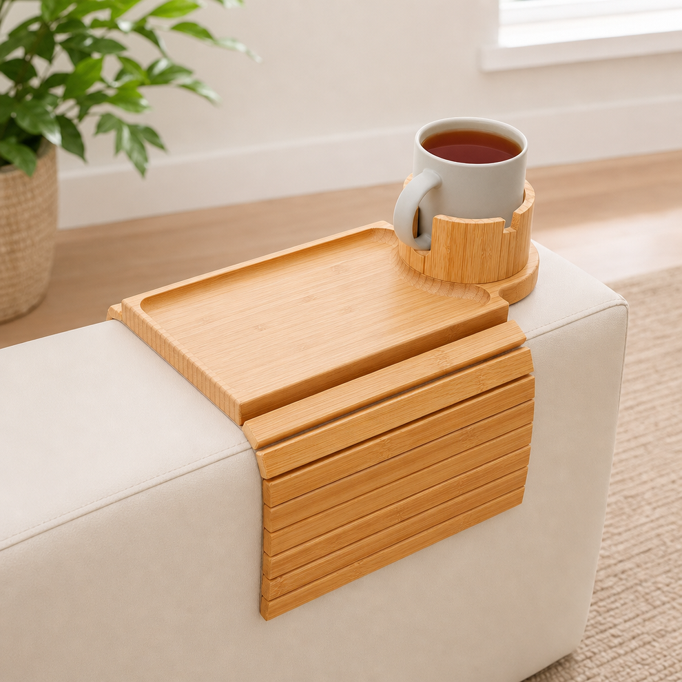 Bamboo Couch Arm Tray with 3.62in Rotating Cup Holder centered in a warm neutral furnished room
