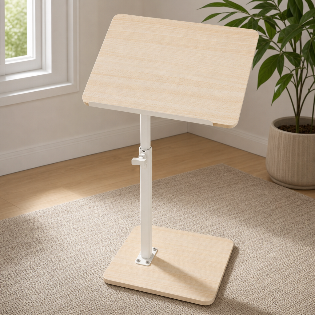 C-Shaped Sofa Armrest Tray Table, Adjustable 18–33 in Height, 360° Swivel, FSC Boa centered in a warm neutral furnished room
