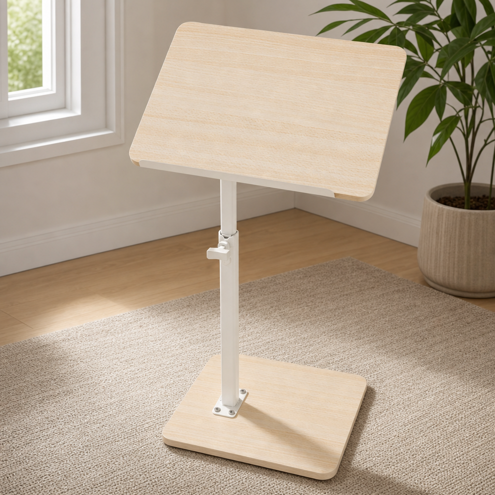 C-Shaped Sofa Armrest Tray Table, Adjustable 18–33 in Height, 360° Swivel, FSC Boa centered in a warm neutral furnished room