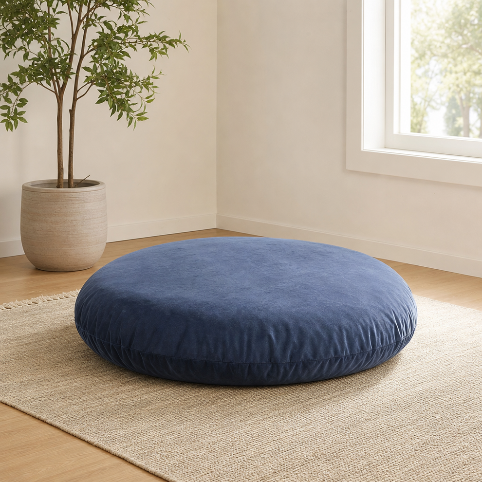 Round Floor Pillow — Extra-Large Meditation & Lounge Cushion centered in a warm neutral furnished room