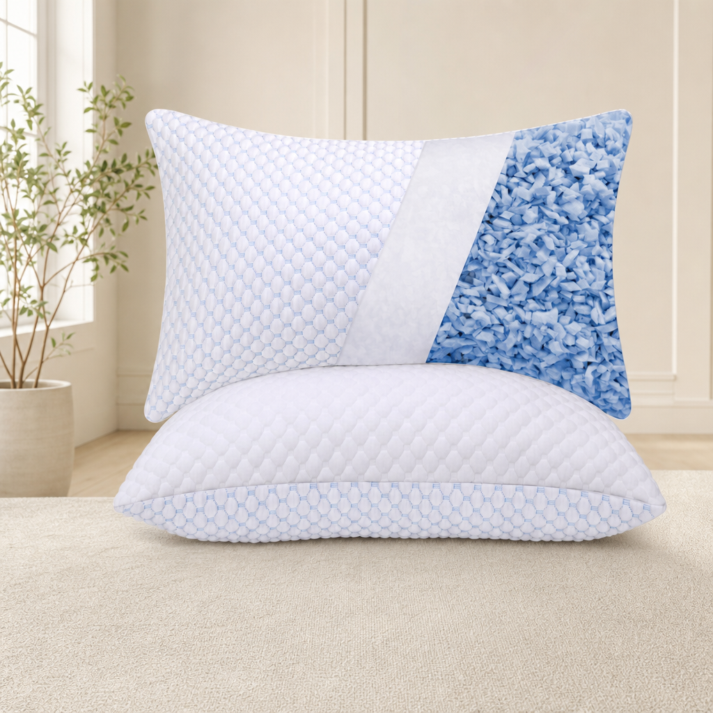 Shredded Memory Foam Pillow Set — Queen 2-Pack, Adjustable Loft, Reversible IceSil centered in a warm neutral furnished room