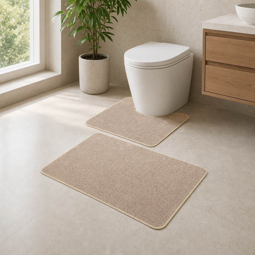 Bathroom Rug Set — 2-Piece U-Shaped Toilet Rug & Bath Mat, Beige, 20" x 24" & 17"  centered in a warm neutral furnished room