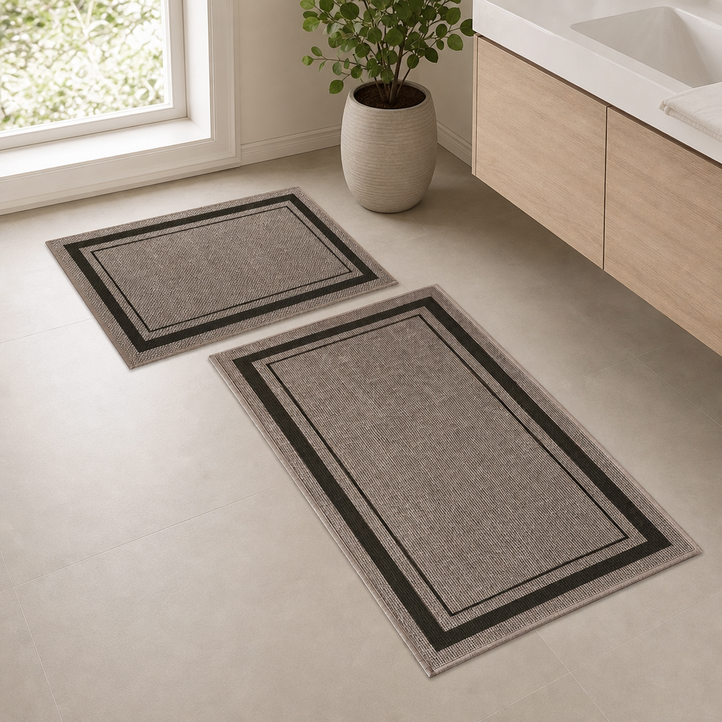Quick-Drying Braid Chenille Bath Rugs & Sets with Non-Slip Backing centered in a warm neutral furnished room