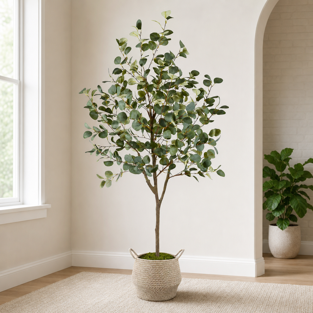 Artificial Eucalyptus Tree, 6 ft — Moss-Covered Trunk, Shaping Branches, Black Pot centered in a warm neutral furnished room