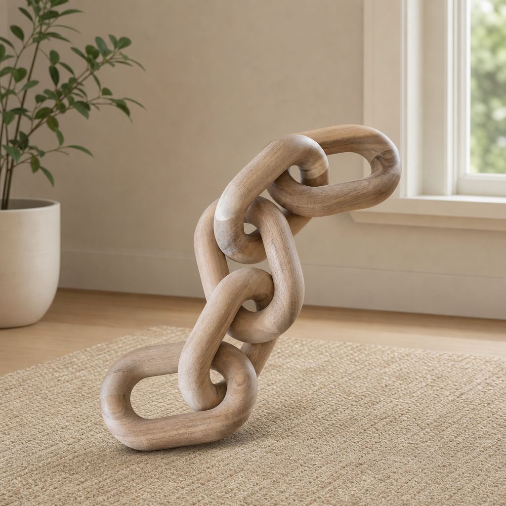 Acacia Wood Chain Shelf Sculpture, Hand-Sanded, 52 cm centered in a warm neutral furnished room