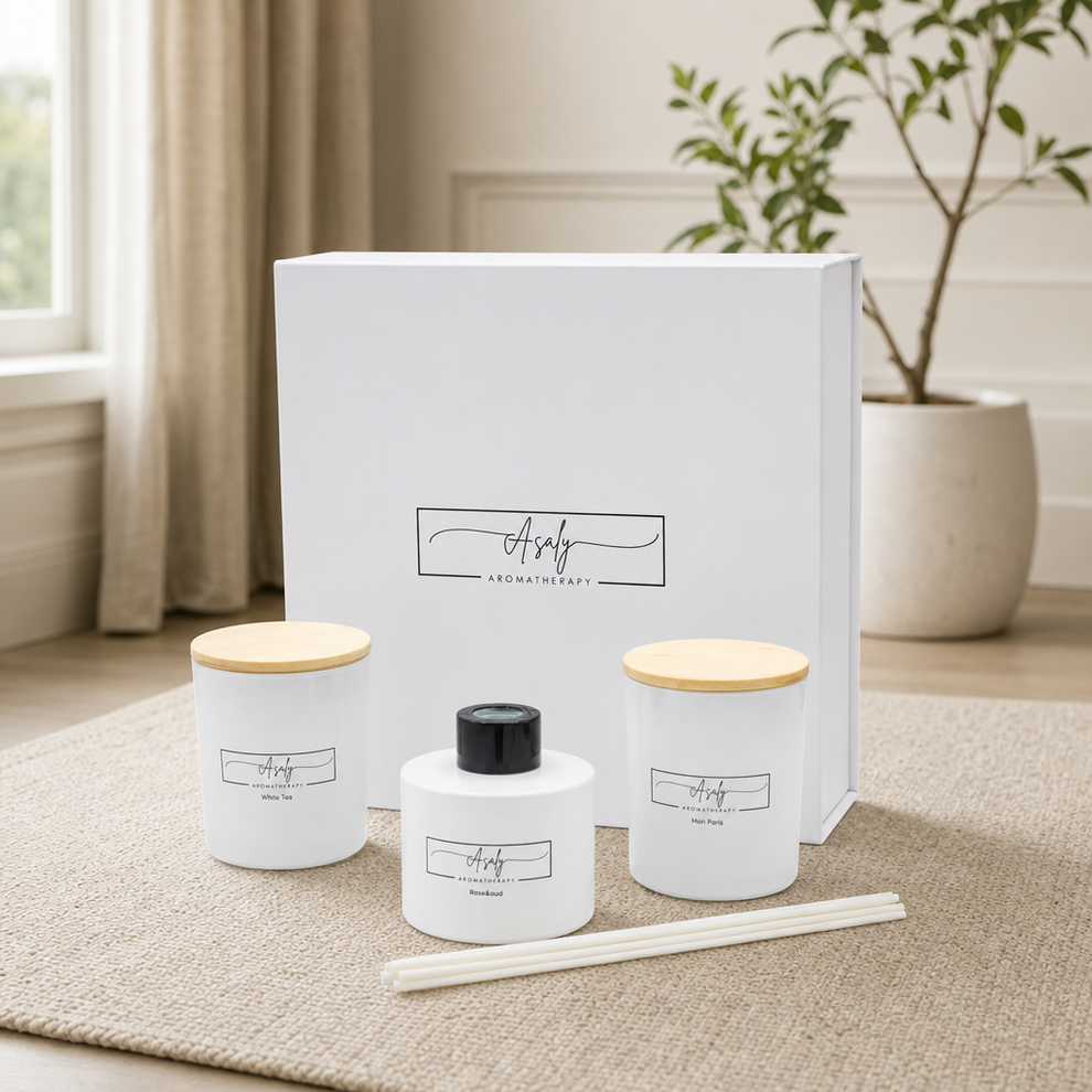 Soy Wax Candle & Reed Diffuser Gift Set — 2 x 140 g Candles & 100 ml Diffuser centered in a warm neutral furnished room