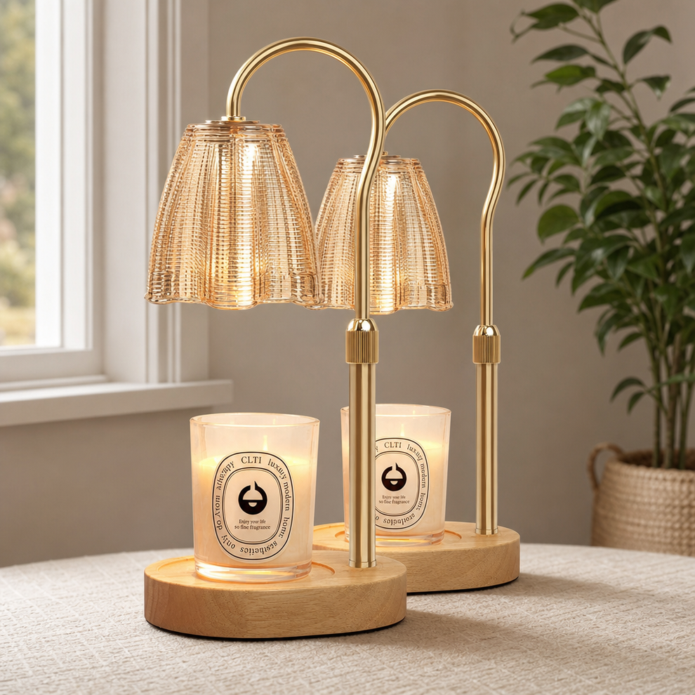 Adjustable Candle Warmer Lamp — 10–13.7 in, 50W Halogen, Timer & 4-Level Dimmer centered in a warm neutral furnished room