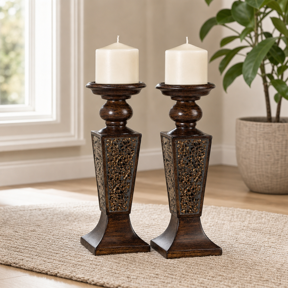 Crackled Glass Mosaic Pillar Candle Holder Set of 2, 10.75" H, Fits 3" Pillar Cand centered in a warm neutral furnished room