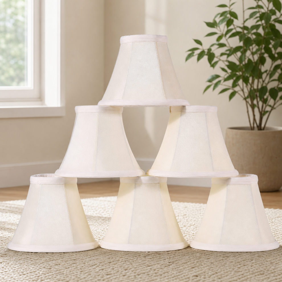 Clip-On Bell Lamp Shades, 6-Pack — 3 in top x 6 in bottom x 5 in tall, Cream White centered in a warm neutral furnished room
