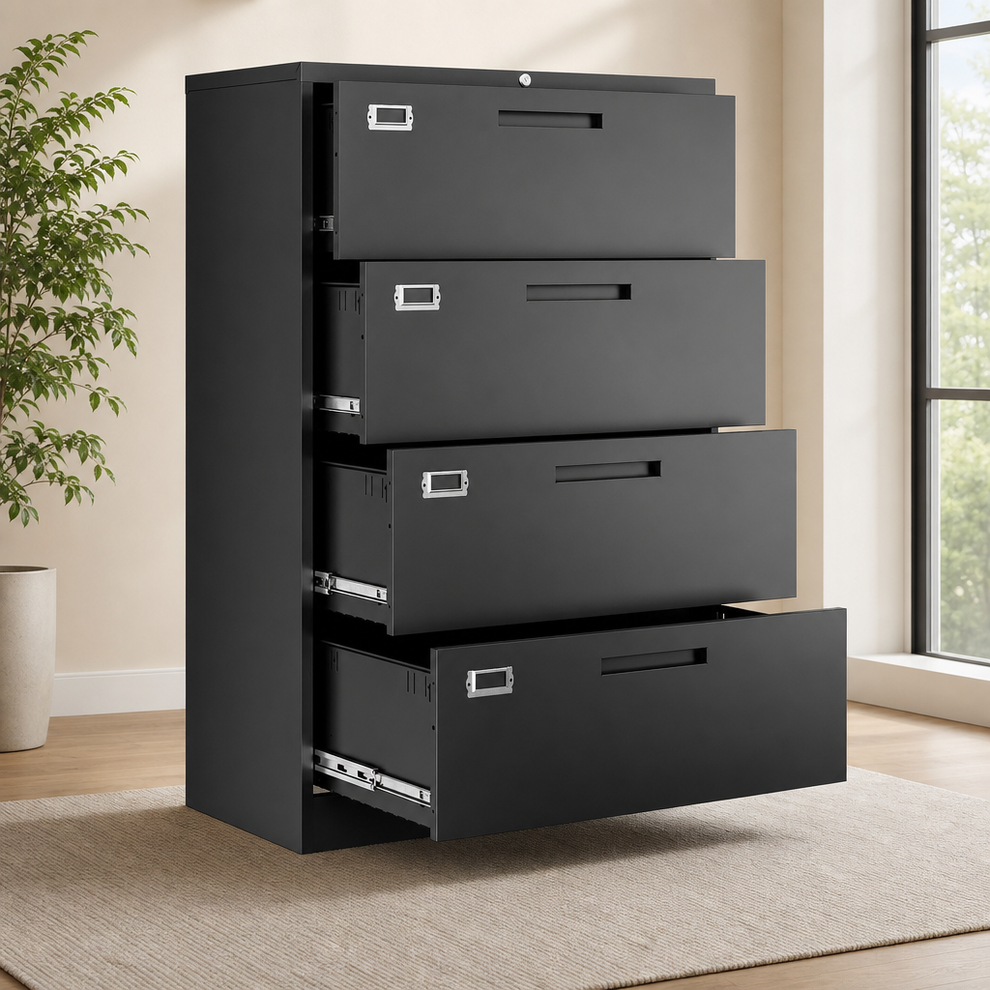 Letaya File Cabinets,4 Drawer Metal Lateral Filing Organization Storage Cabinets w centered in a warm neutral furnished room