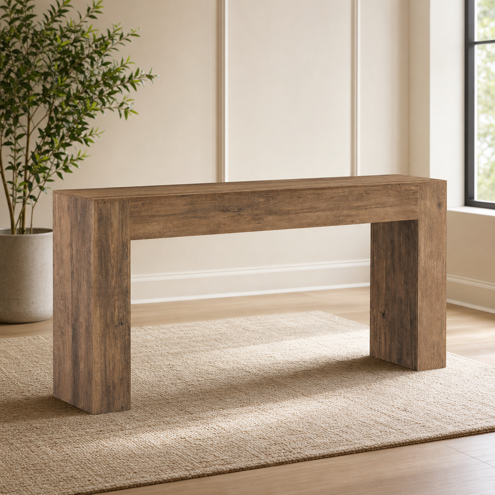 Console Table U‑Shaped Narrow Console, 63" W, Honey Brown centered in a warm neutral furnished room