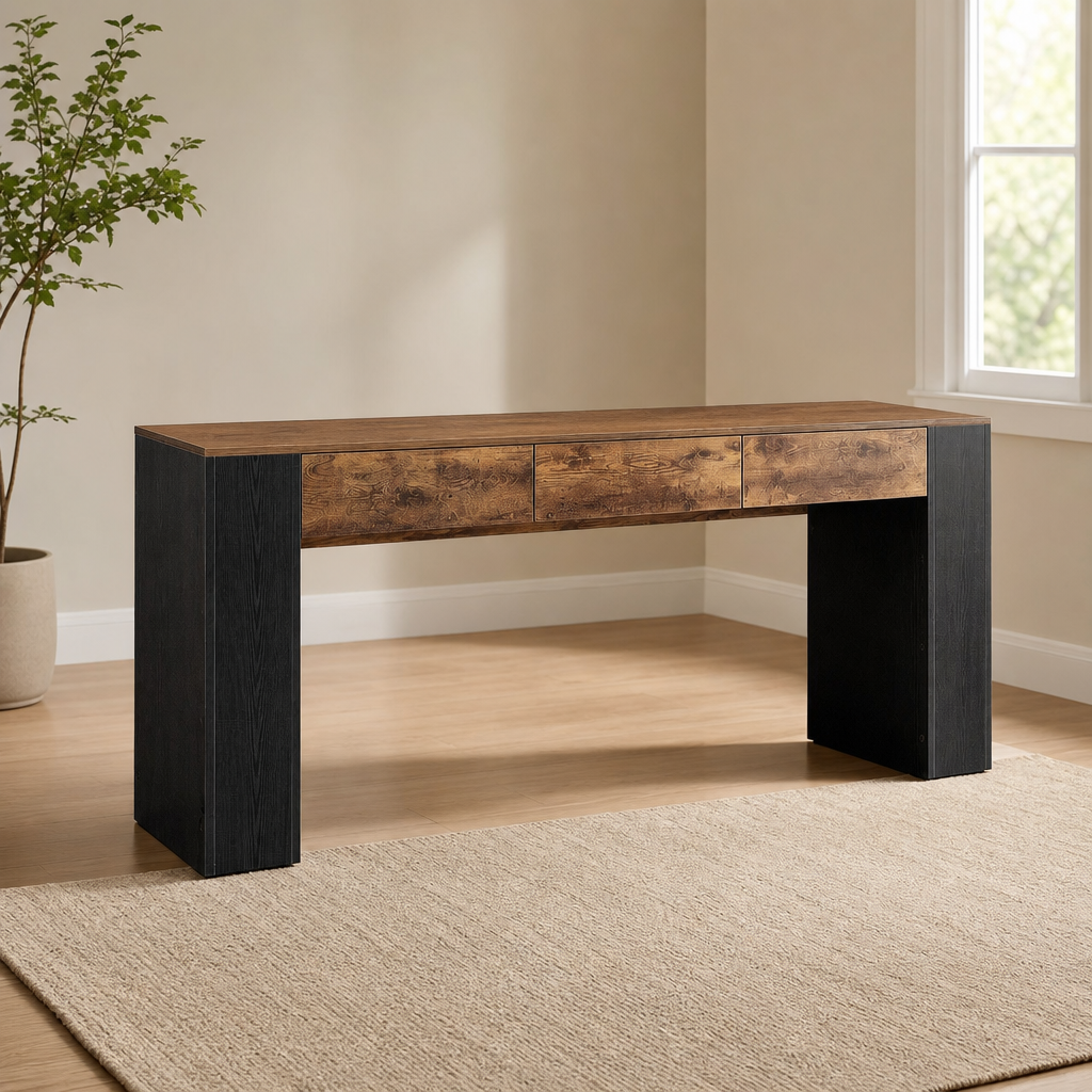 Console Table with 3 Drawers, 71-inch Rustic Brown and Black centered in a warm neutral furnished room