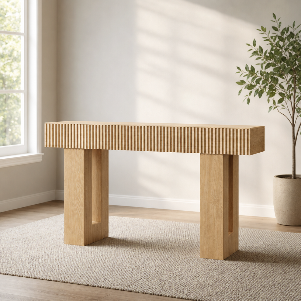 63-Inch Wood-Core Console Table with Fluted Front, Narrow Entryway centered in a warm neutral furnished room
