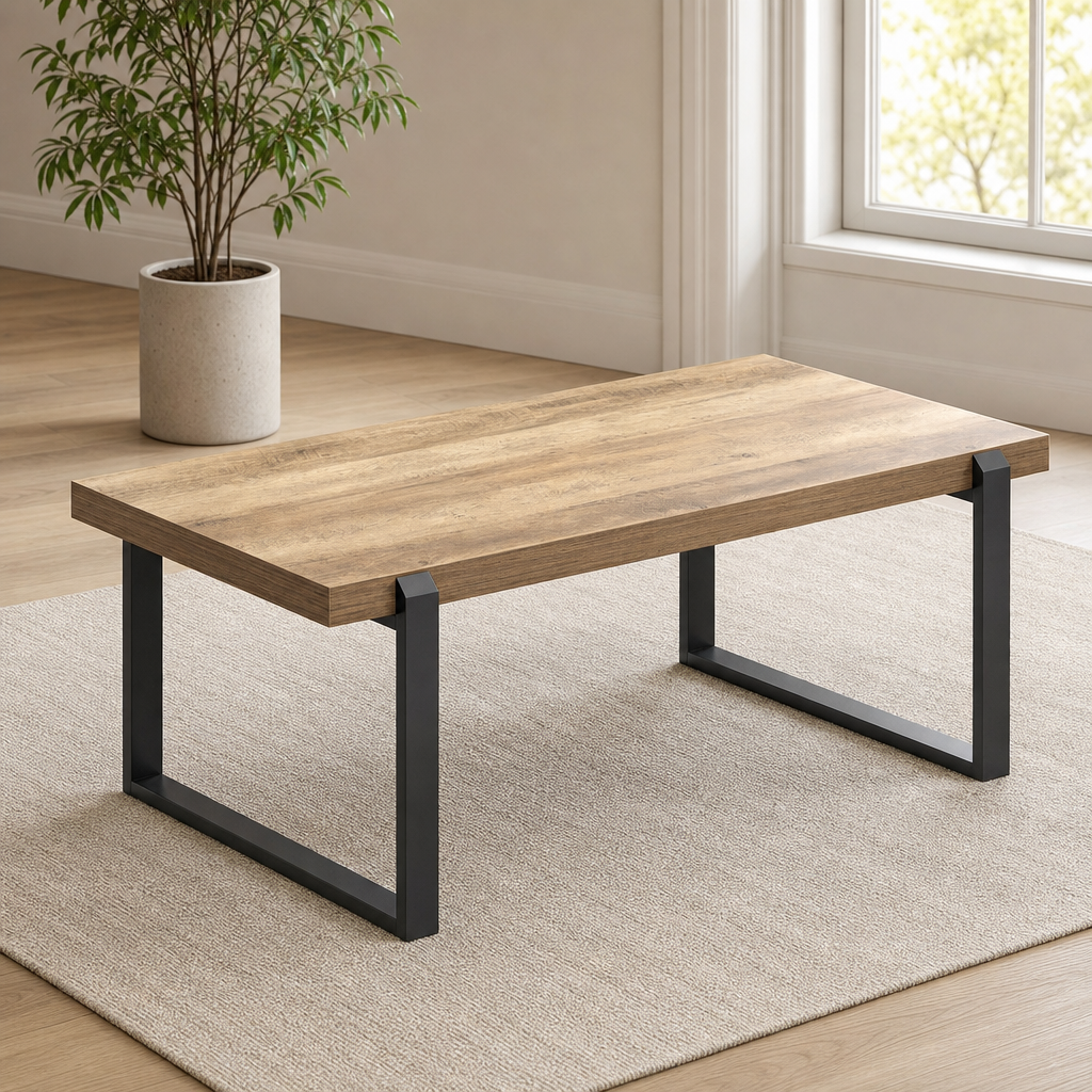 Coffee Table with Rustic Oak Wood-Grain Top & Metal Frame, 44 in centered in a warm neutral furnished room