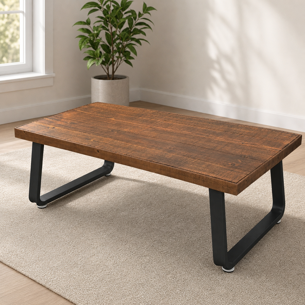 Rustic brown fir rectangular coffee table angled front view showing slanted U-shaped black metal legs on a neutral rug