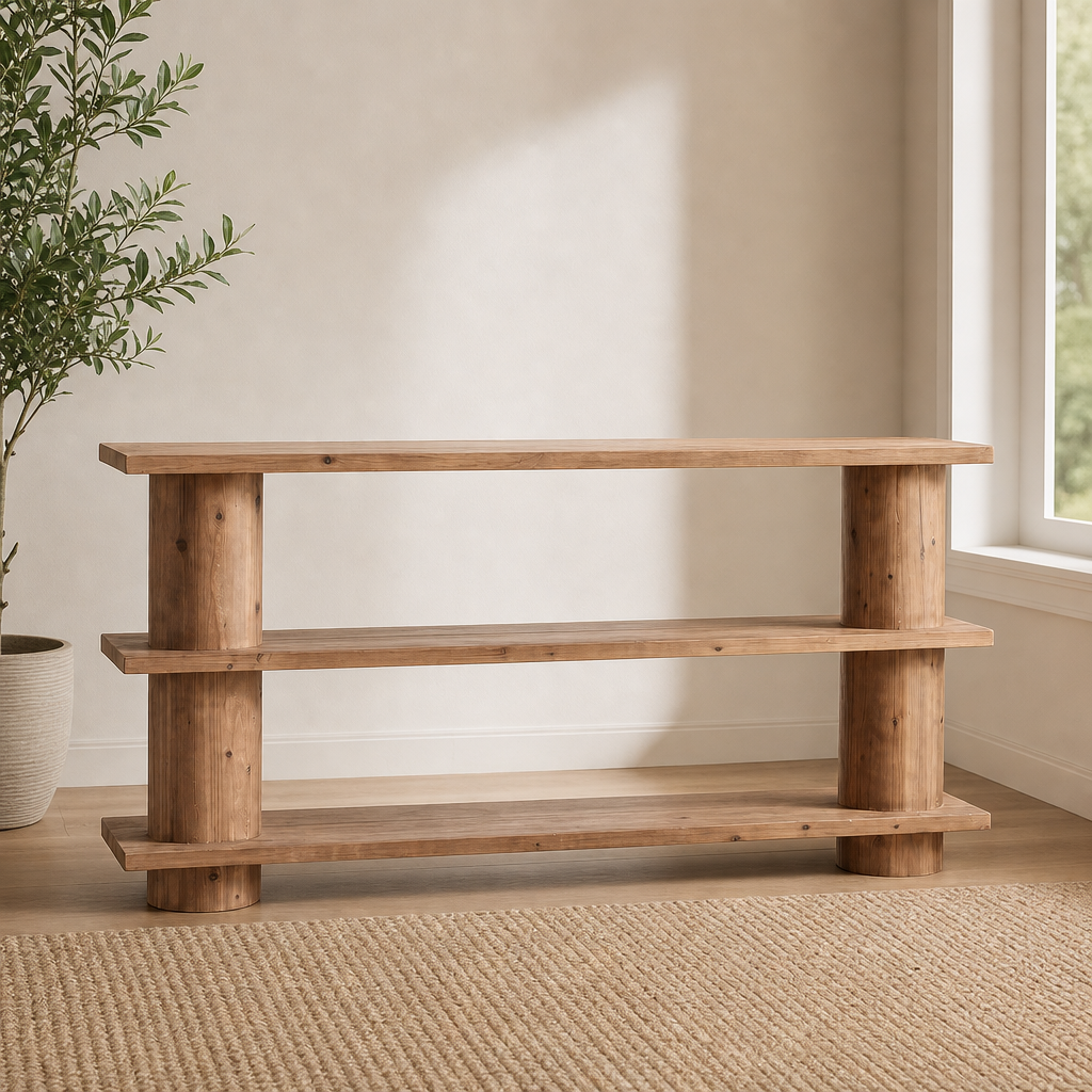 63-Inch Solid Wood Console Table, 3-Tier Farmhouse Sofa Table centered in a warm neutral furnished room
