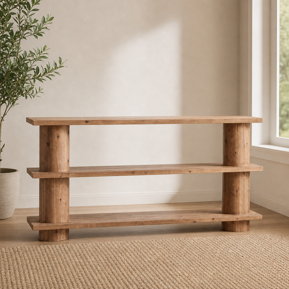 63-Inch Solid Wood Console Table, 3-Tier Farmhouse Sofa Table centered in a warm neutral furnished room